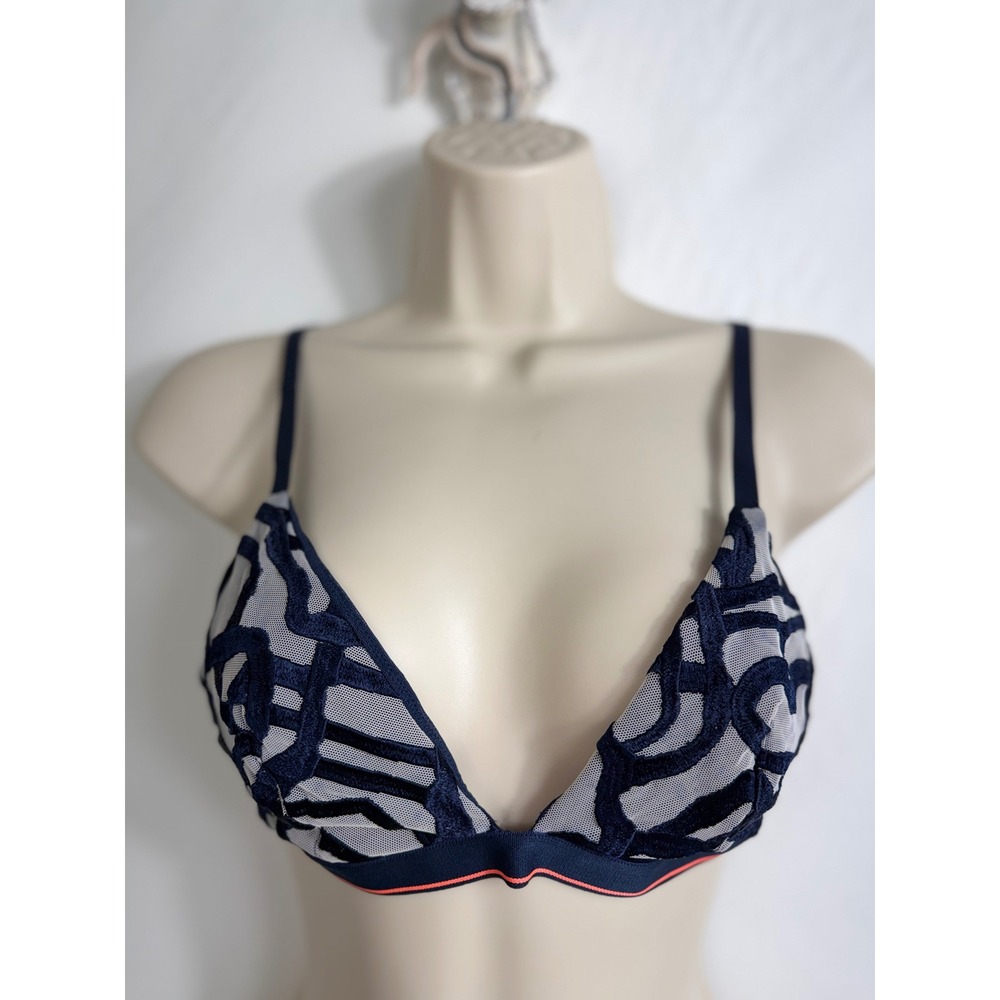 Stance Womens Navy‎ Blue Velvet Flocked Mesh Triangle Bralette Size M Wireless